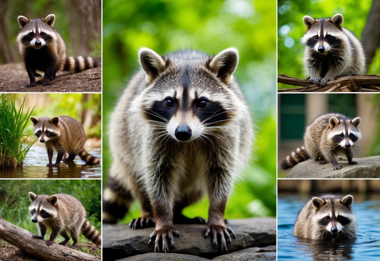 Raccoons in various natural habitats around the globe, including forests, urban areas, and near water sources