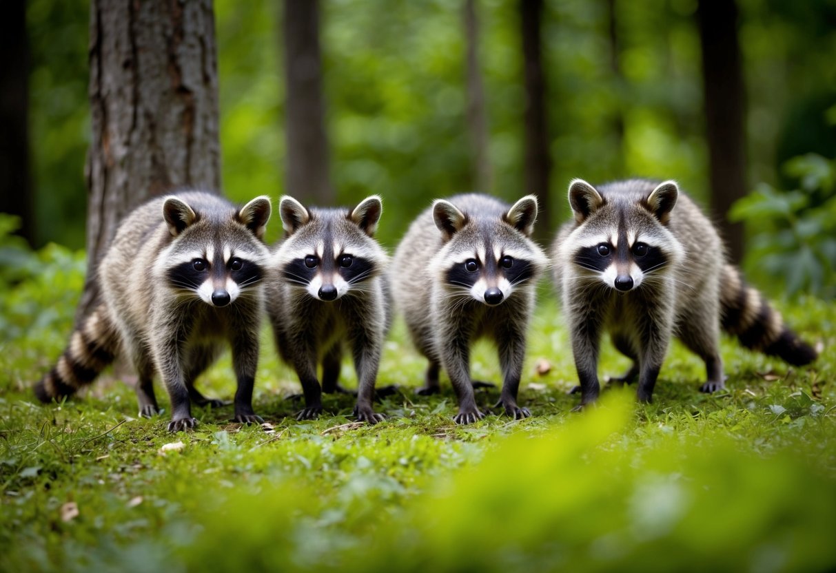 A family of wild raccoons foraging in a lush forest in the United States