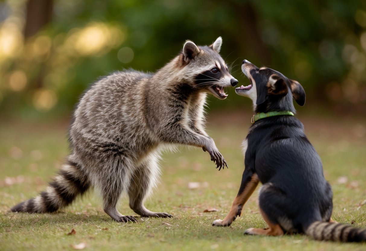 A raccoon stands on hind legs, snarling at a barking dog