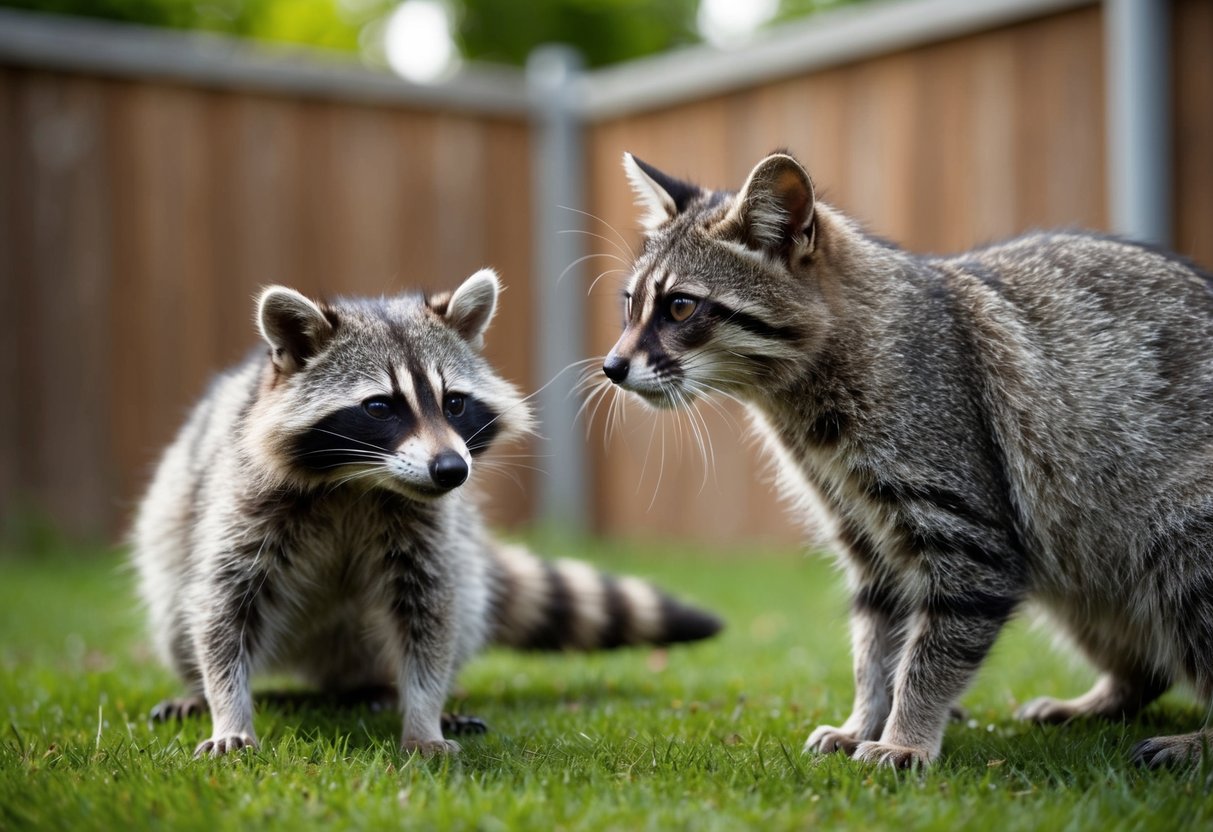 A raccoon and cat face off in a backyard. The raccoon looks sickly, while the cat appears wary