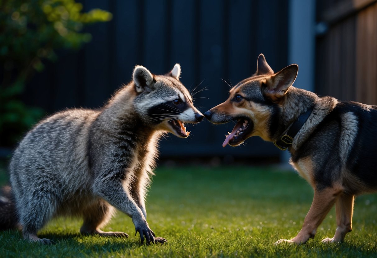 A raccoon and a dog facing off in a tense encounter in a dimly lit backyard, with the raccoon baring its teeth and the dog growling defensively
