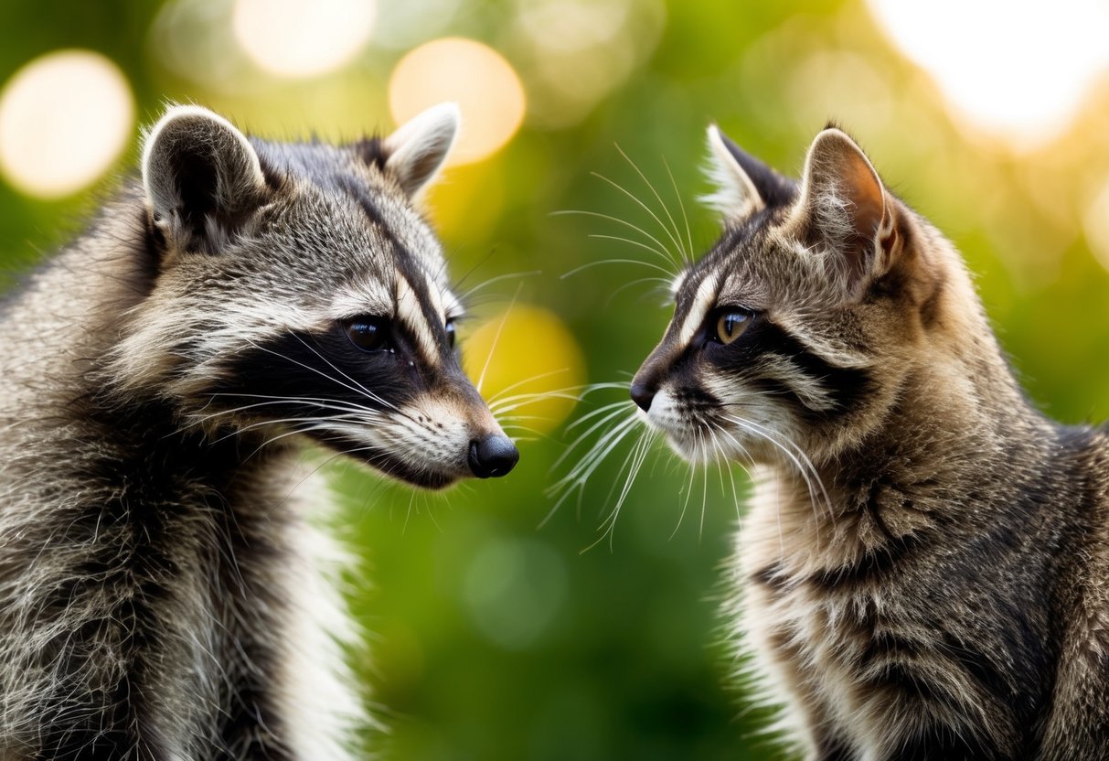 A raccoon and a cat facing each other, with a clear depiction of potential disease transmission through saliva or scratches