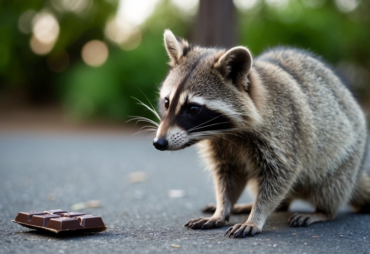 A raccoon sniffs at a discarded chocolate bar, its nose wrinkled in curiosity and caution