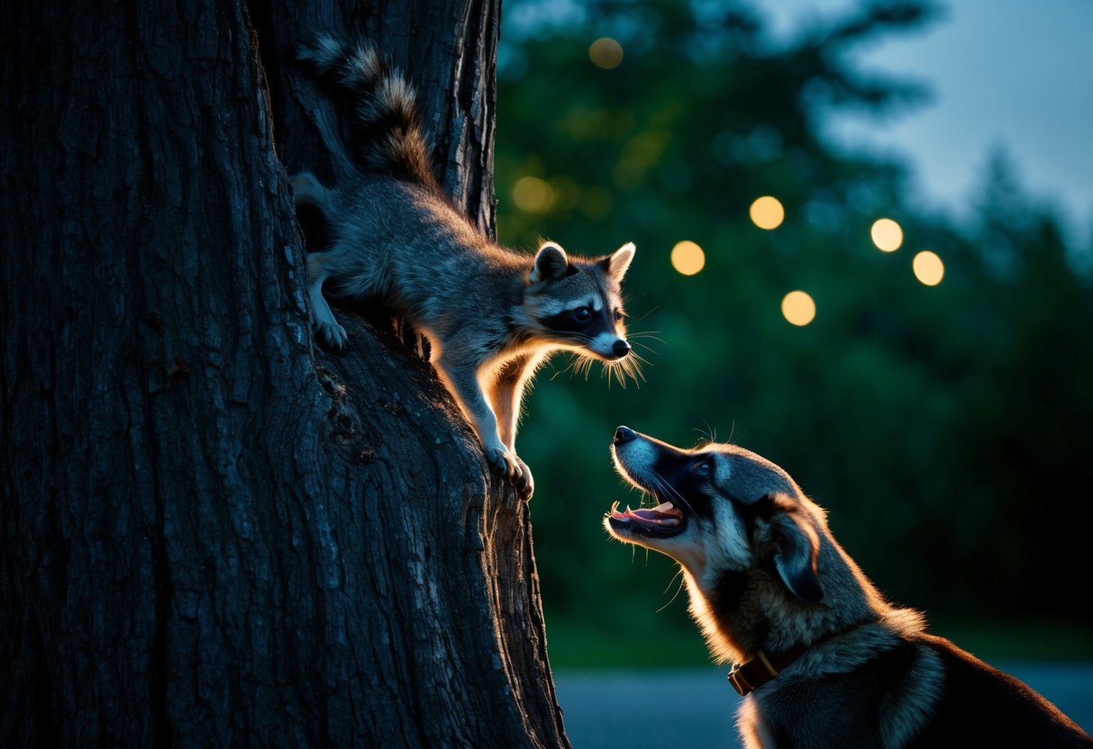 A dog barking at a raccoon climbing a tree, while the raccoon stares back with glowing eyes in the dark