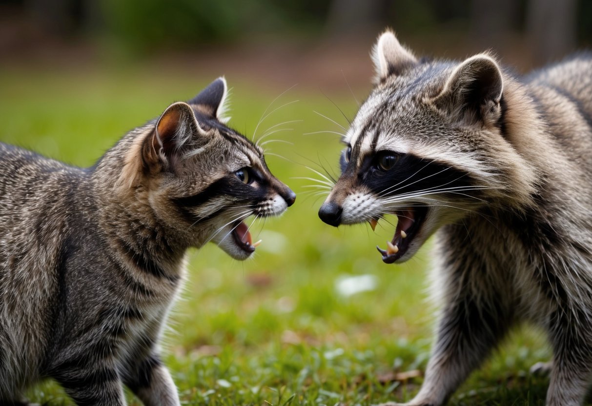 A cat and raccoon face off, with the cat hissing and the raccoon baring its teeth. The background shows a wooded area, setting the scene for potential disease transmission