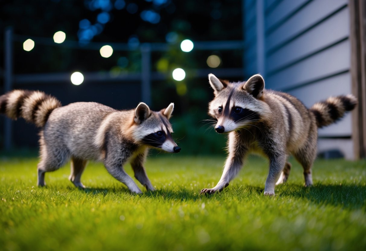 A raccoon is cautiously approaching a small dog in a backyard at night. The dog looks alert and ready to defend itself