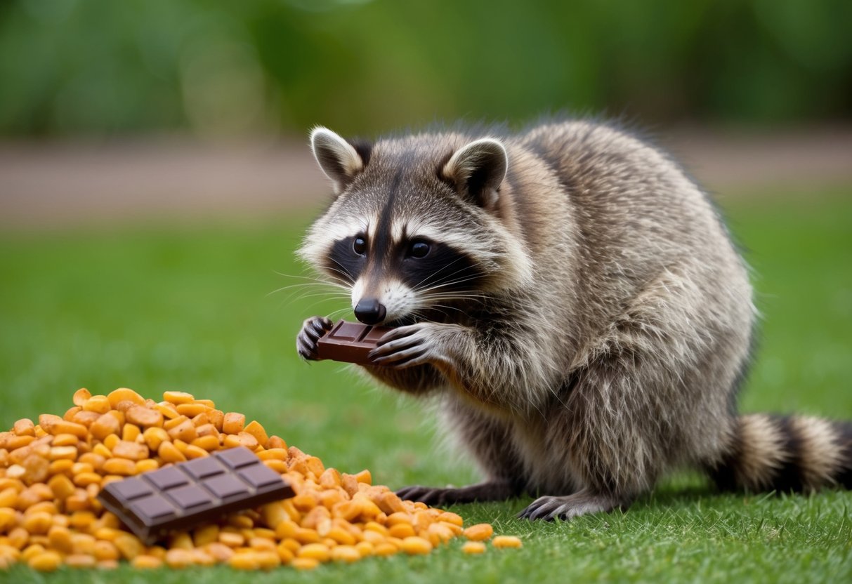 A raccoon sits near a pile of food, with a bar of chocolate in its paws. Its body language suggests curiosity and caution