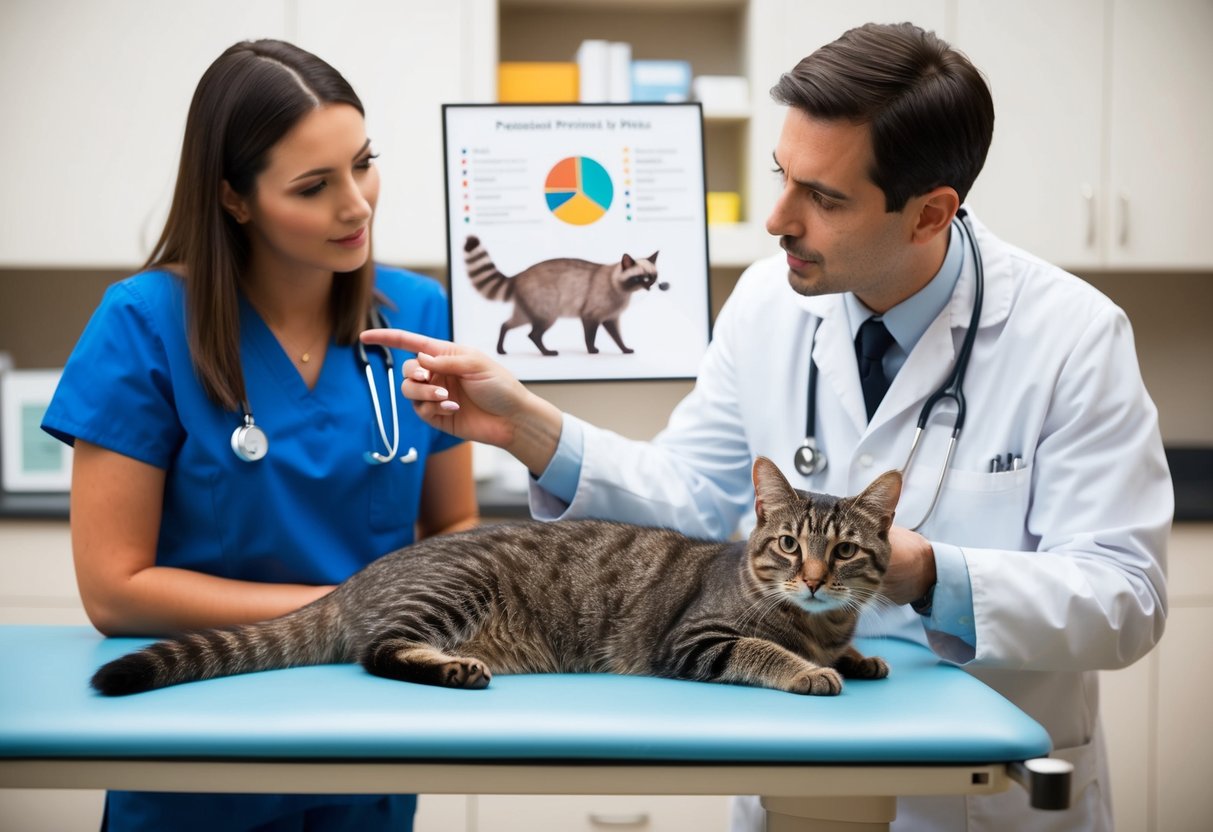 A cat laying on a veterinarian's examination table, with a concerned owner looking on as the vet points to a diagram of raccoon-related diseases