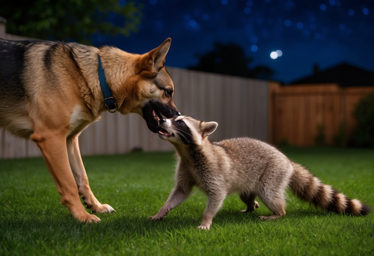 A dog bites a raccoon in a backyard at night