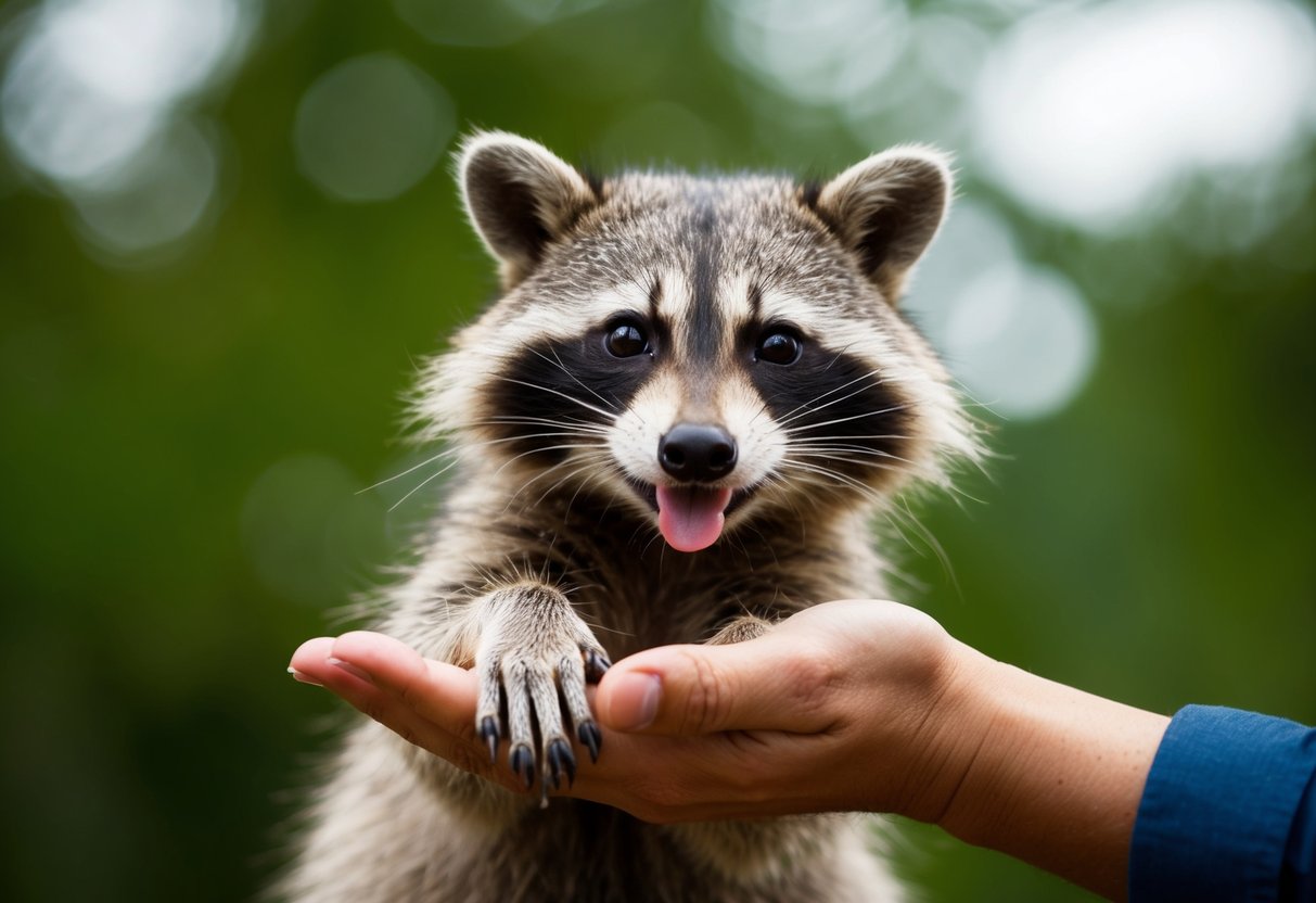 A raccoon gently licks a person's hand, their curious eyes studying the person's reaction
