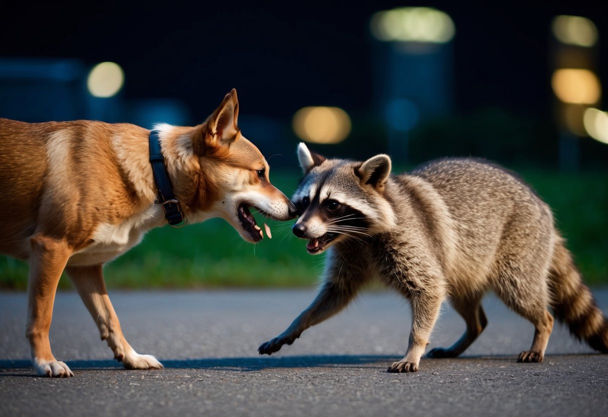 A dog bites a raccoon, causing a brief scuffle before the raccoon escapes into the night