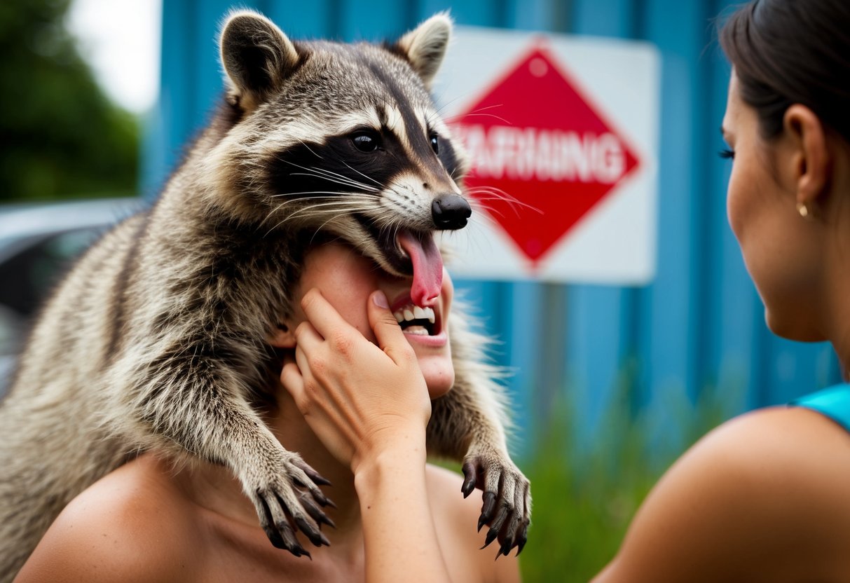 A raccoon licking a person's exposed skin, with a warning sign in the background