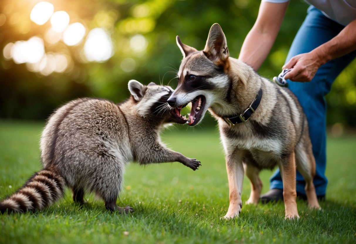 A dog bites a raccoon, causing a scuffle. The raccoon may retaliate, and the dog's owner intervenes to separate them