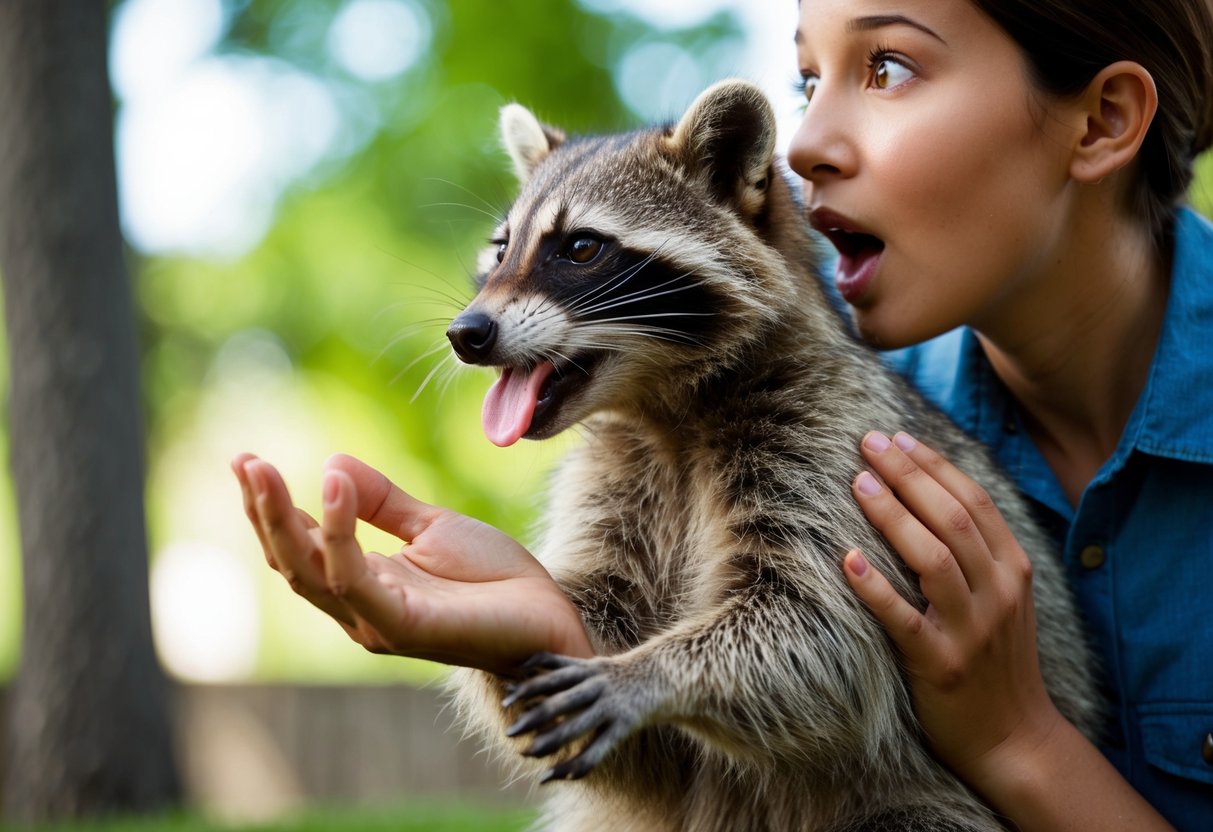 A raccoon licking a person's hand while the person looks on in surprise