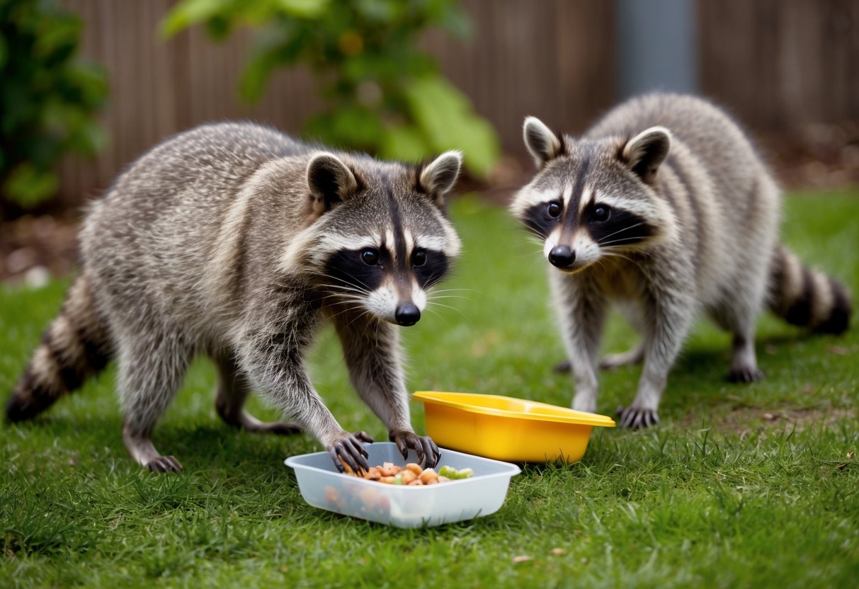 A raccoon cautiously approaches a human's discarded food, while another raccoon watches from a safe distance, both showing curiosity and wariness