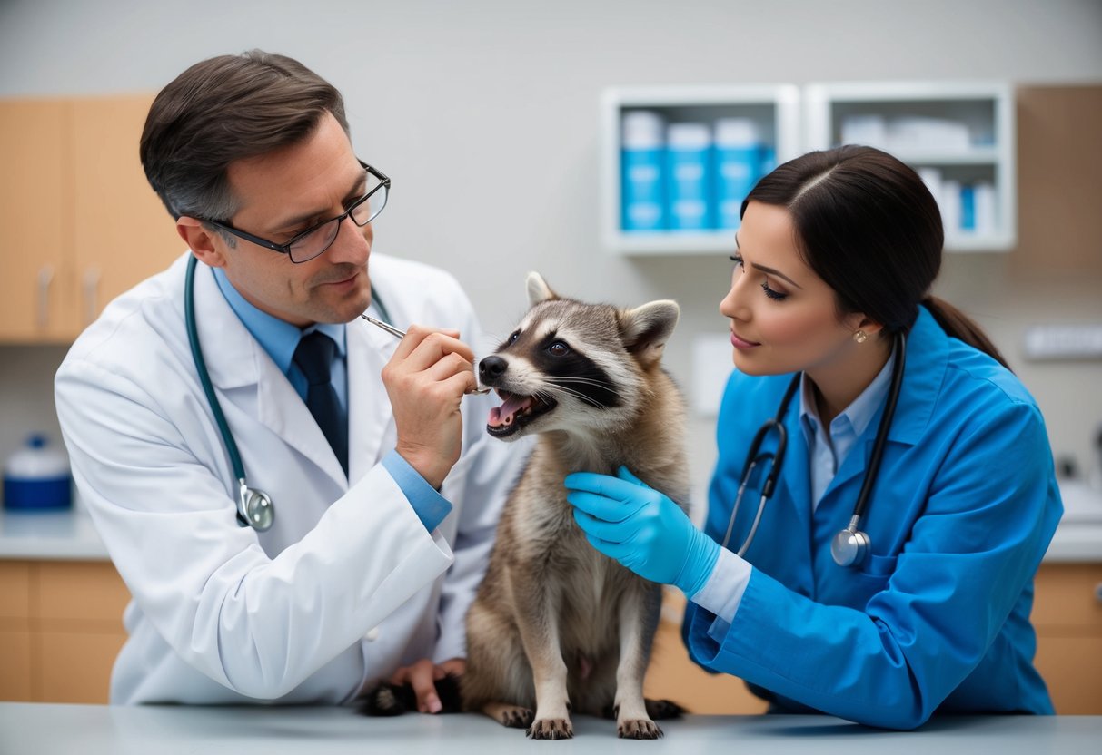 A veterinarian examines a dog's mouth while a raccoon lurks nearby