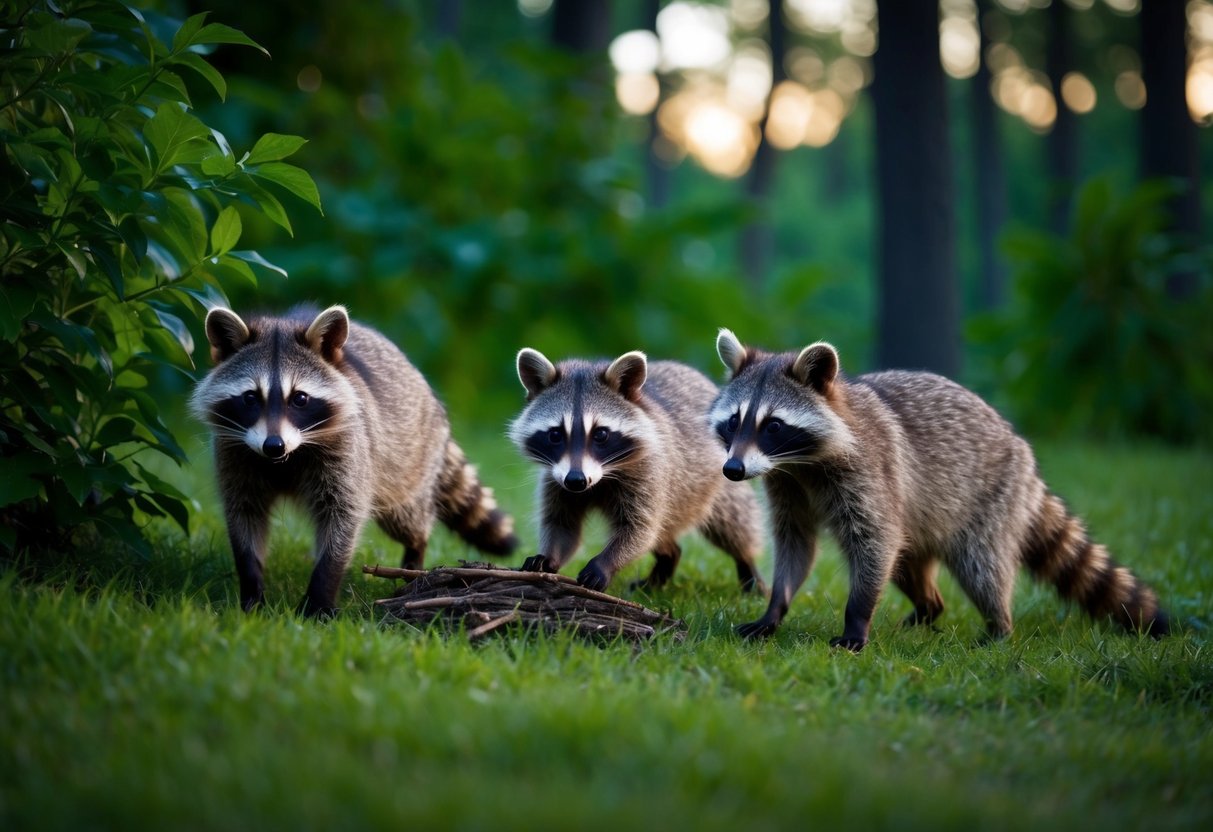 A family of raccoons foraging in a lush forest at dusk