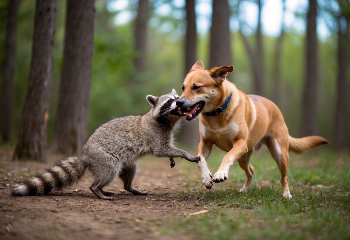 A dog bites a raccoon, causing a commotion in a wooded area
