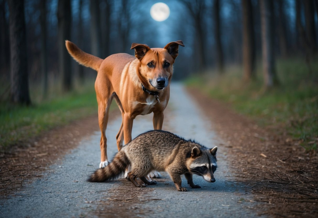 A dog stands over a raccoon's body on a moonlit forest path