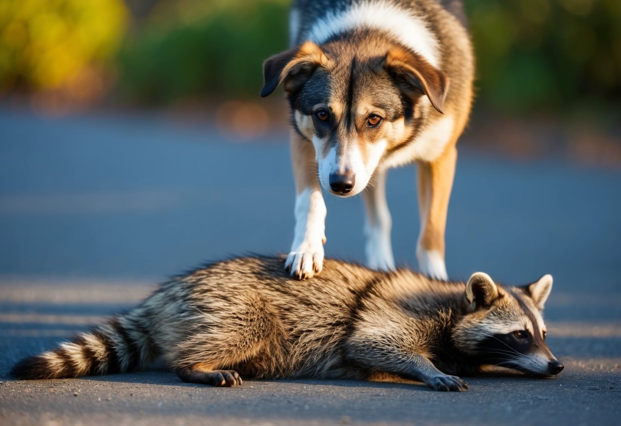 A dog stands over a raccoon's body, with the raccoon lying motionless on the ground
