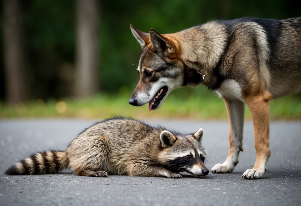 A dog stands over a raccoon, which lies motionless on the ground. The dog's body language shows alertness and tension