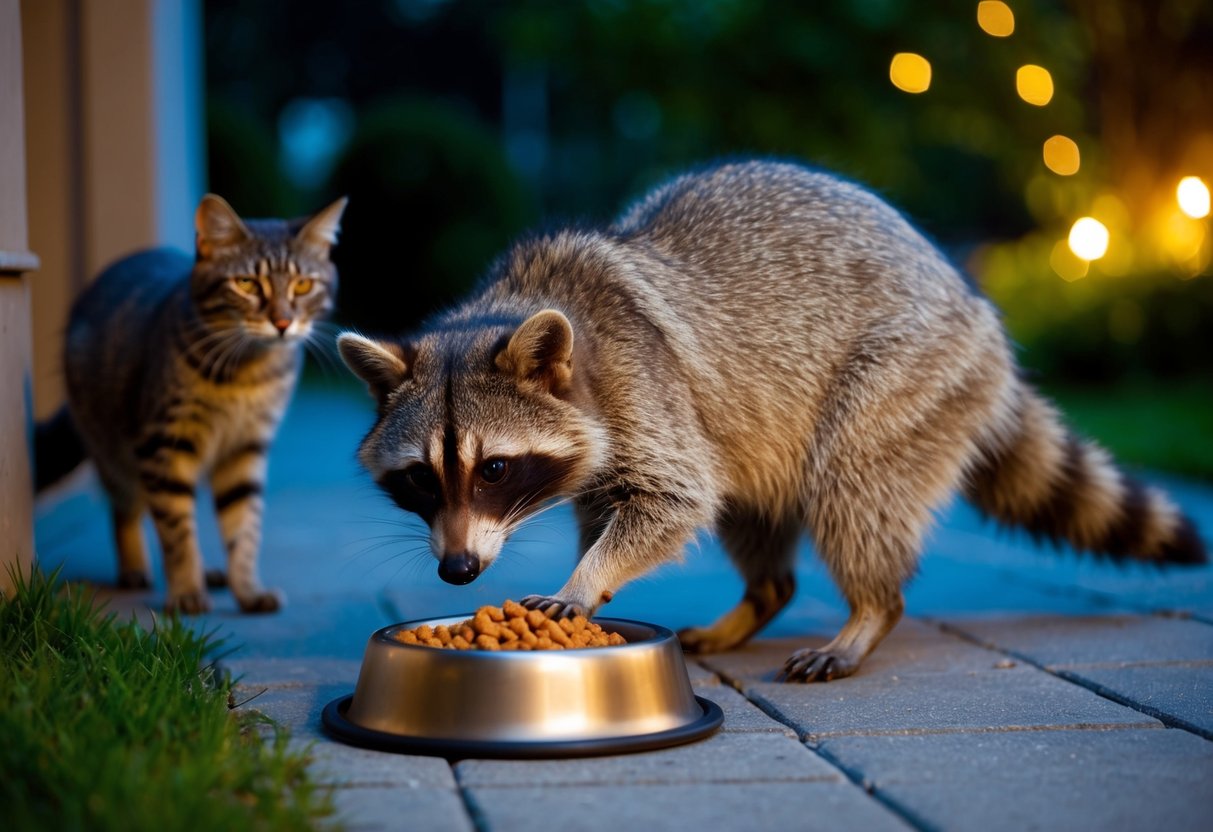 A raccoon cautiously approaches a cat food bowl left outside a suburban home at night, while the curious cat watches from a safe distance