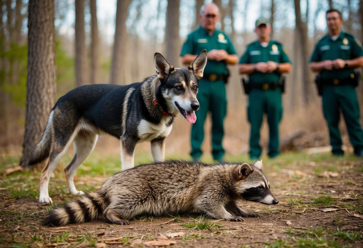 A dog stands over a raccoon's body in a wooded area, with wildlife officials observing in the background