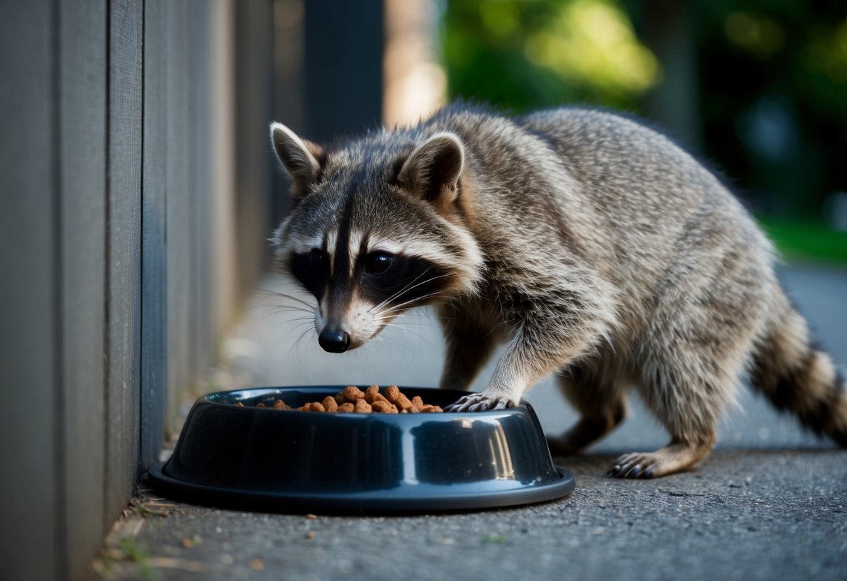 A raccoon lurks near a cat's food bowl, eyeing the unsuspecting feline from the shadows