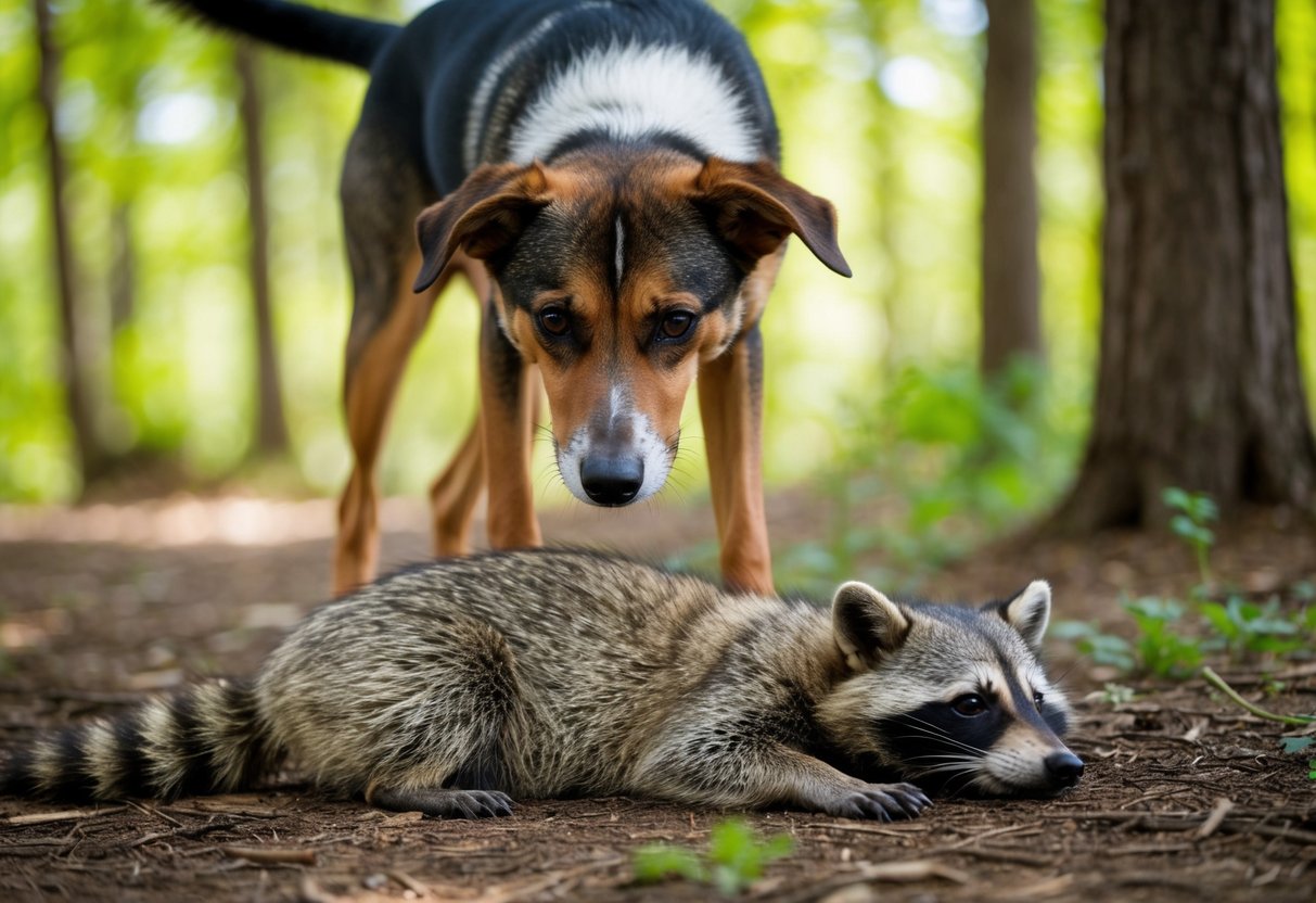 A dog stands over a raccoon's body in a wooded area, with a concerned expression on its face. The raccoon lies motionless on the ground