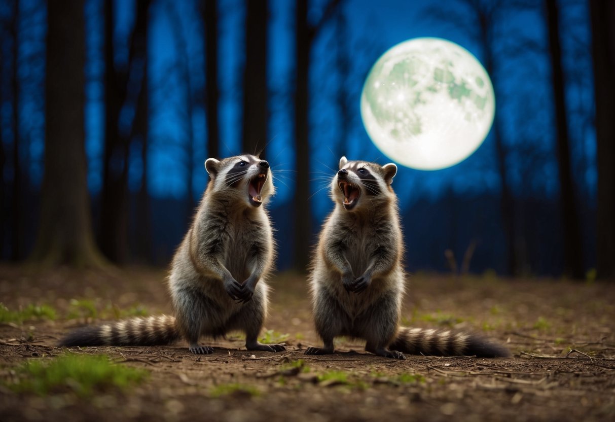 Two racoons screeching in a moonlit forest clearing