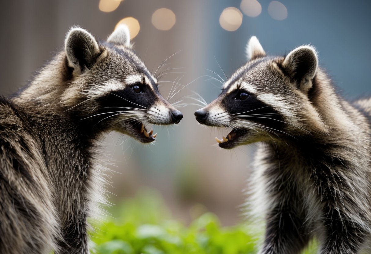 Two raccoons face each other, one emitting a high-pitched screech while the other responds with a series of chattering vocalizations