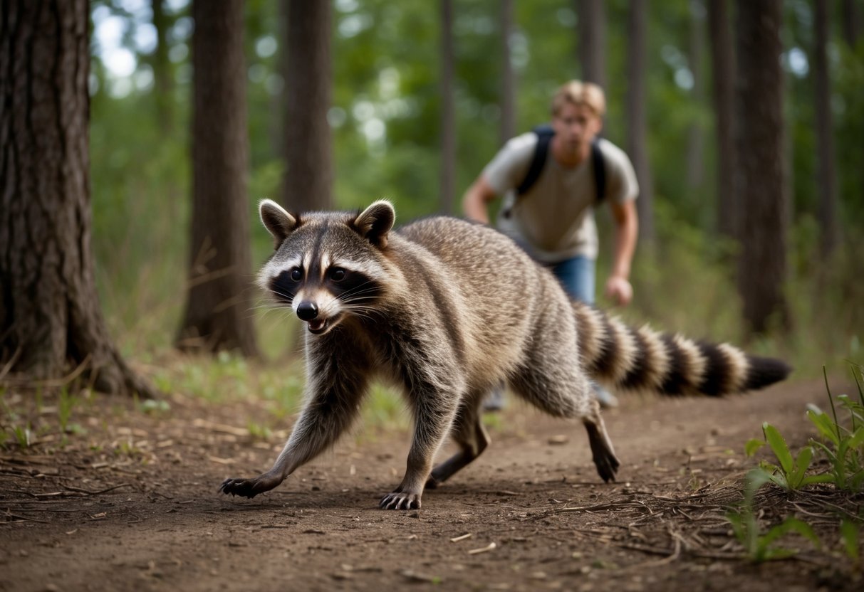A raccoon chasing a figure through a wooded area, with the figure looking over their shoulder in fear