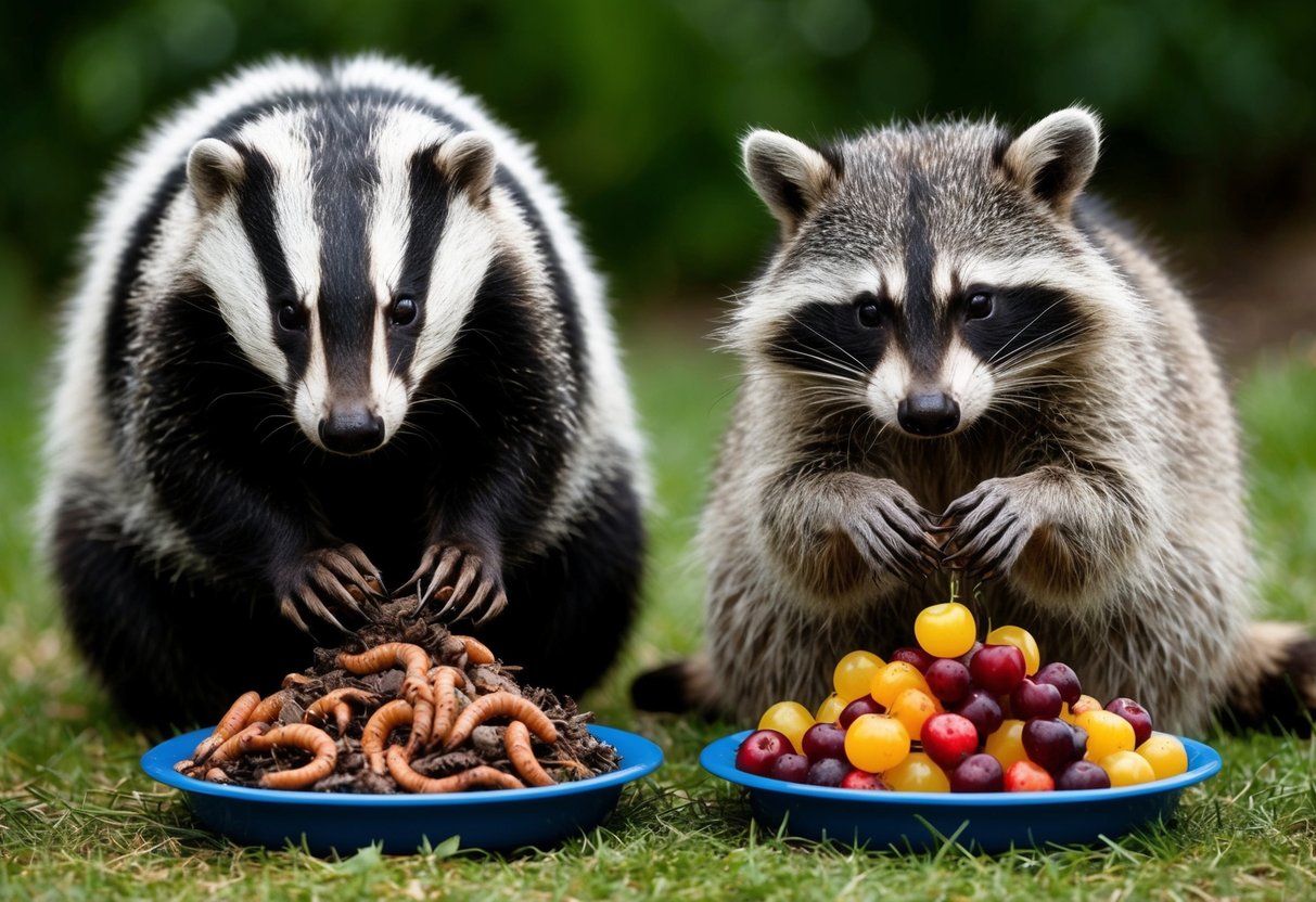 A badger and a raccoon sit side by side, each with a pile of food in front of them. The badger munches on earthworms and grubs, while the raccoon delicately washes its berries before eating