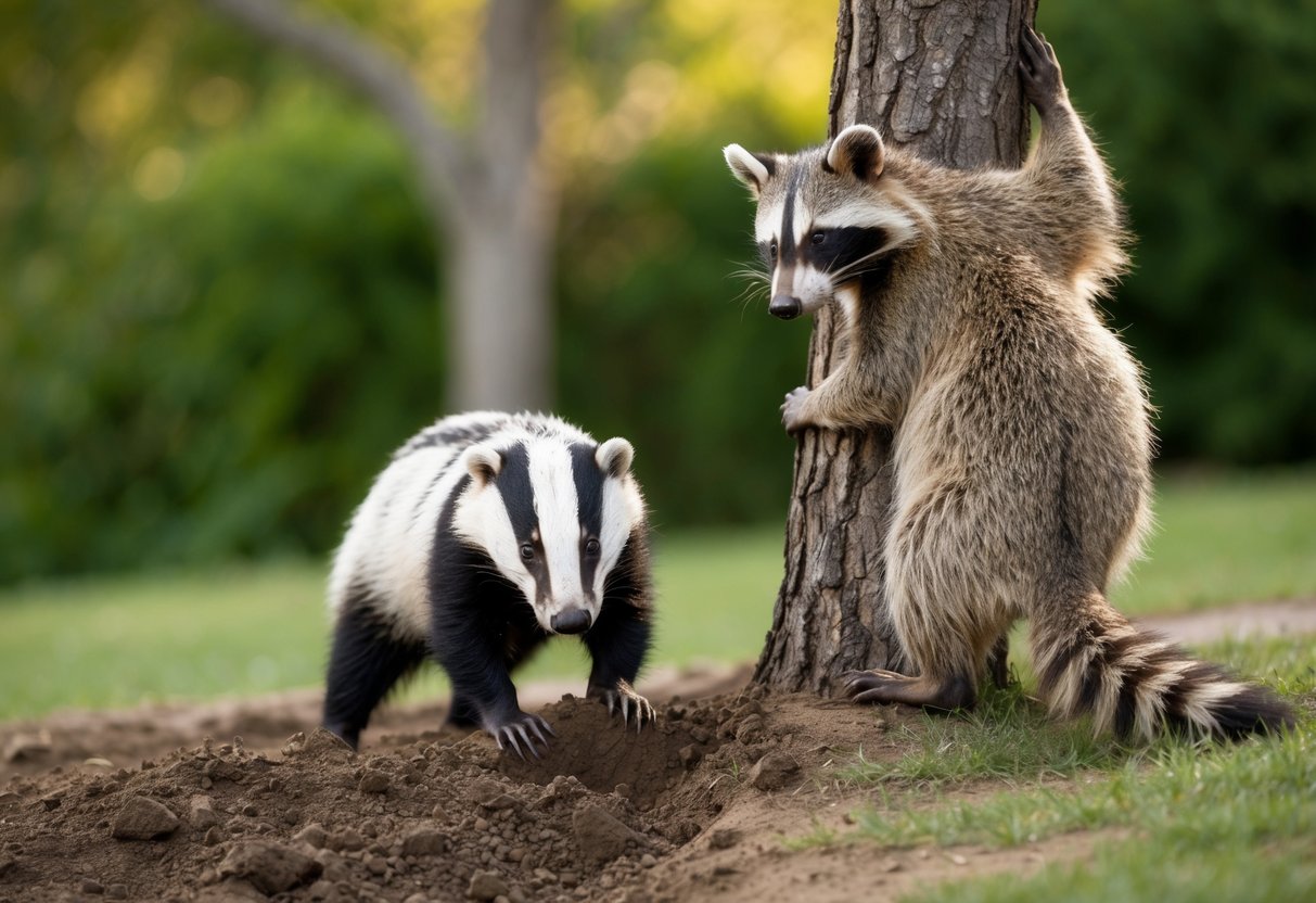 A badger digging into the earth, while a raccoon climbs a tree to reach for food