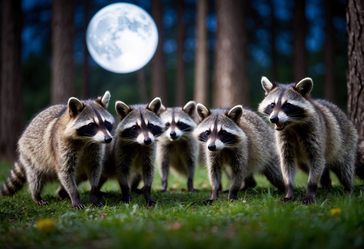 A group of raccoons gather in the moonlit forest, one emits a high-pitched screech while others stand alert
