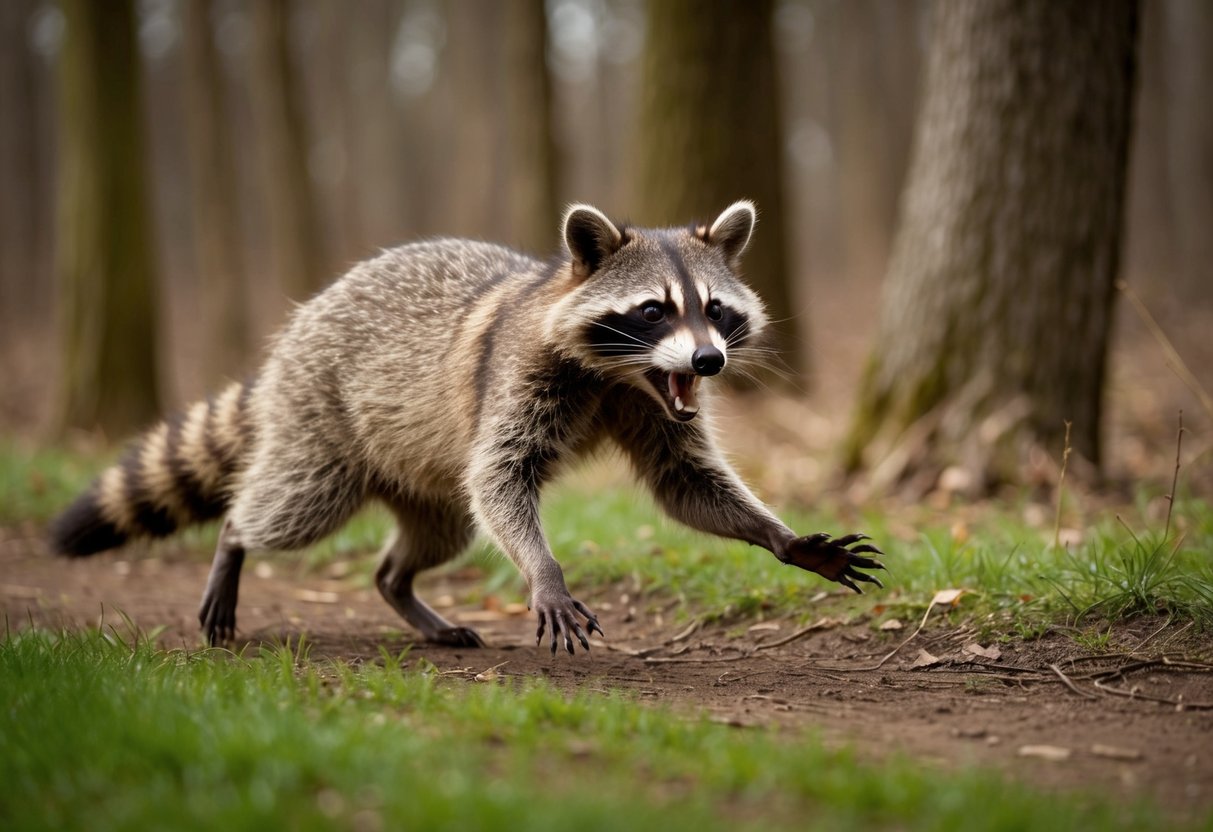 A raccoon chases a figure through a wooded area, its sharp claws and teeth bared as it lunges forward with determination