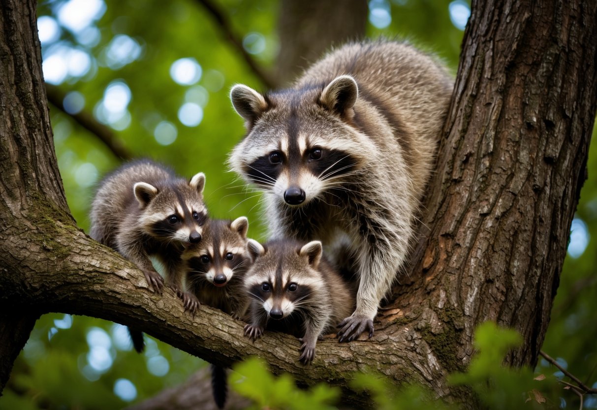 A mother raccoon watches over her kits as they play and screech in the treetops