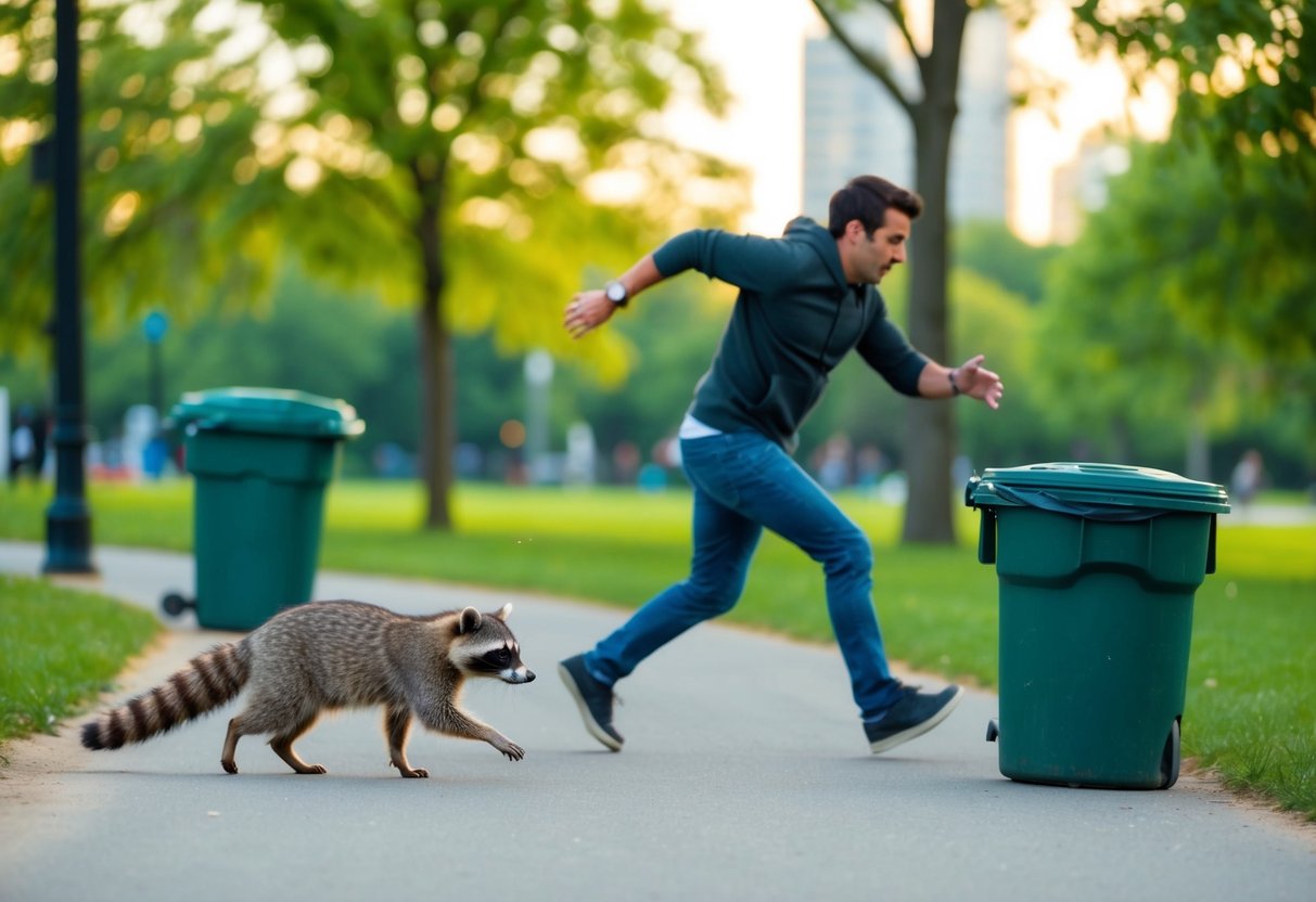 A raccoon chases a person through a park, knocking over trash cans and causing chaos