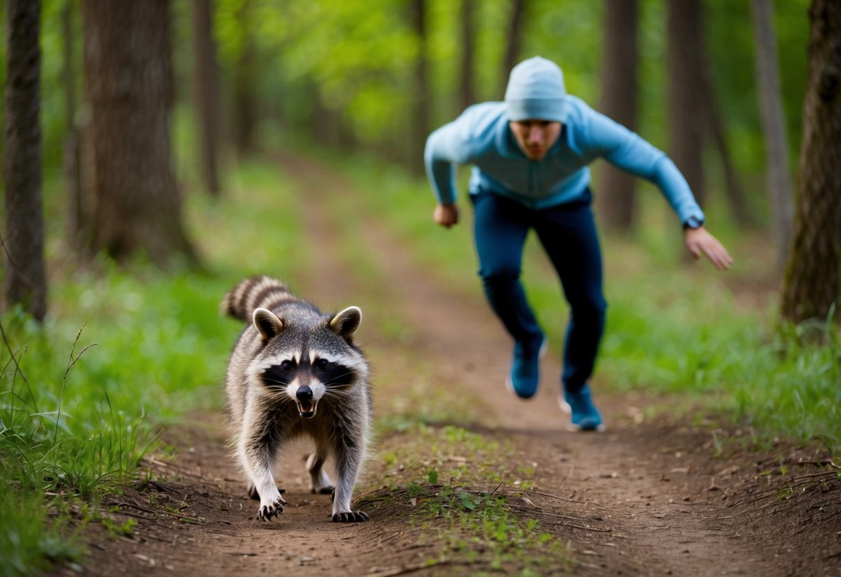A person runs through a forest path, pursued by a snarling raccoon. The raccoon's sharp claws and teeth are visible as it lunges forward
