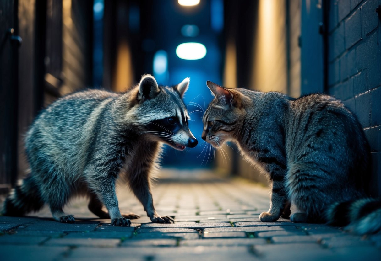 A raccoon and a cat face off in a dimly lit alley, their eyes locked in a fierce stare-down, ready to pounce at any moment