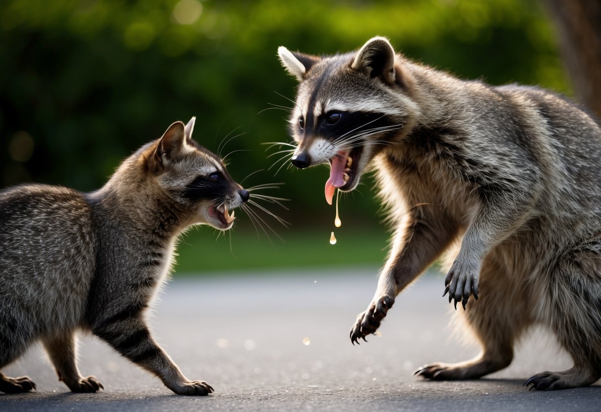 A raccoon with bared teeth lunges at a cat, saliva dripping from its mouth. The cat hisses and arches its back, ready to defend itself