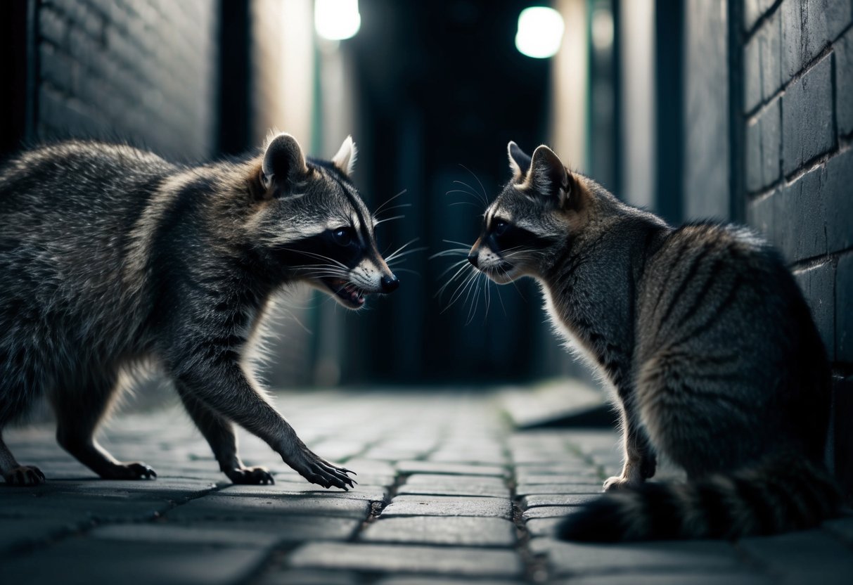 A raccoon and a cat face off in a dimly lit alley, their eyes locked in a tense stare-down. The raccoon's sharp claws are raised, while the cat crouches low, ready to pounce