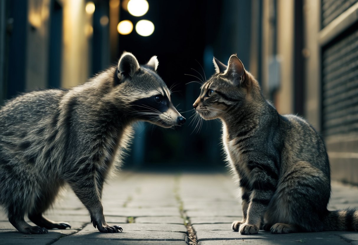 A raccoon and a cat face off in a dimly lit alley, their eyes locked in a tense stare-down as they prepare to engage in a fierce battle
