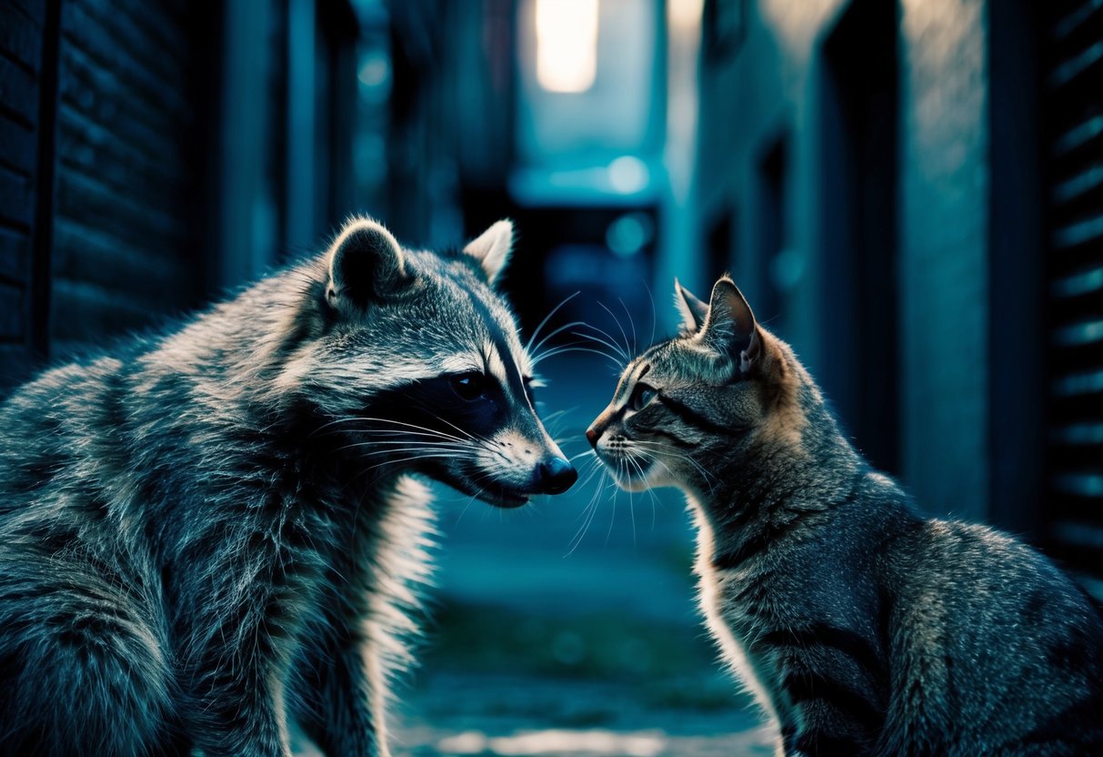 A raccoon and a cat face off in a dimly lit alley, their eyes locked in a tense stare-down as they prepare to battle for dominance