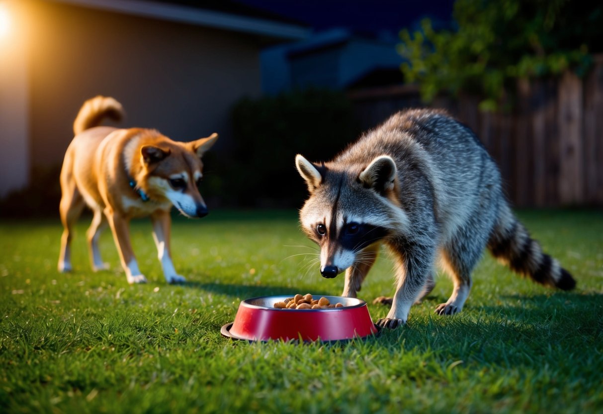 A raccoon cautiously approaches a dog's food bowl in a backyard at night, while the dog watches from a distance