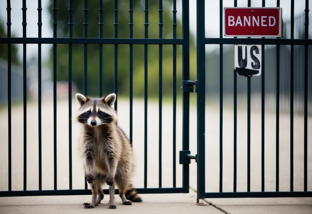 A raccoon dog stands sadly outside a barred gate, with a sign reading "Banned in US" in the background