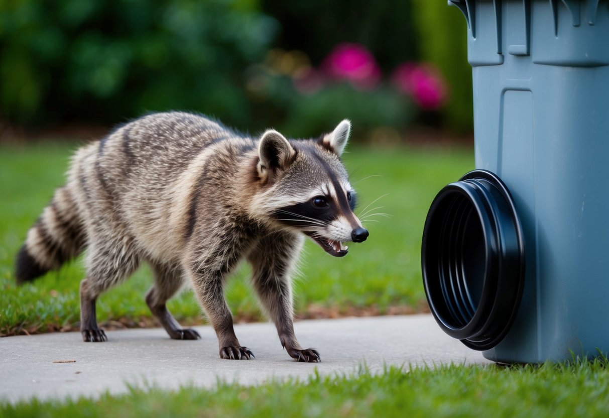 A raccoon cautiously approaches a barking dog, its eyes fixed on a nearby trash can