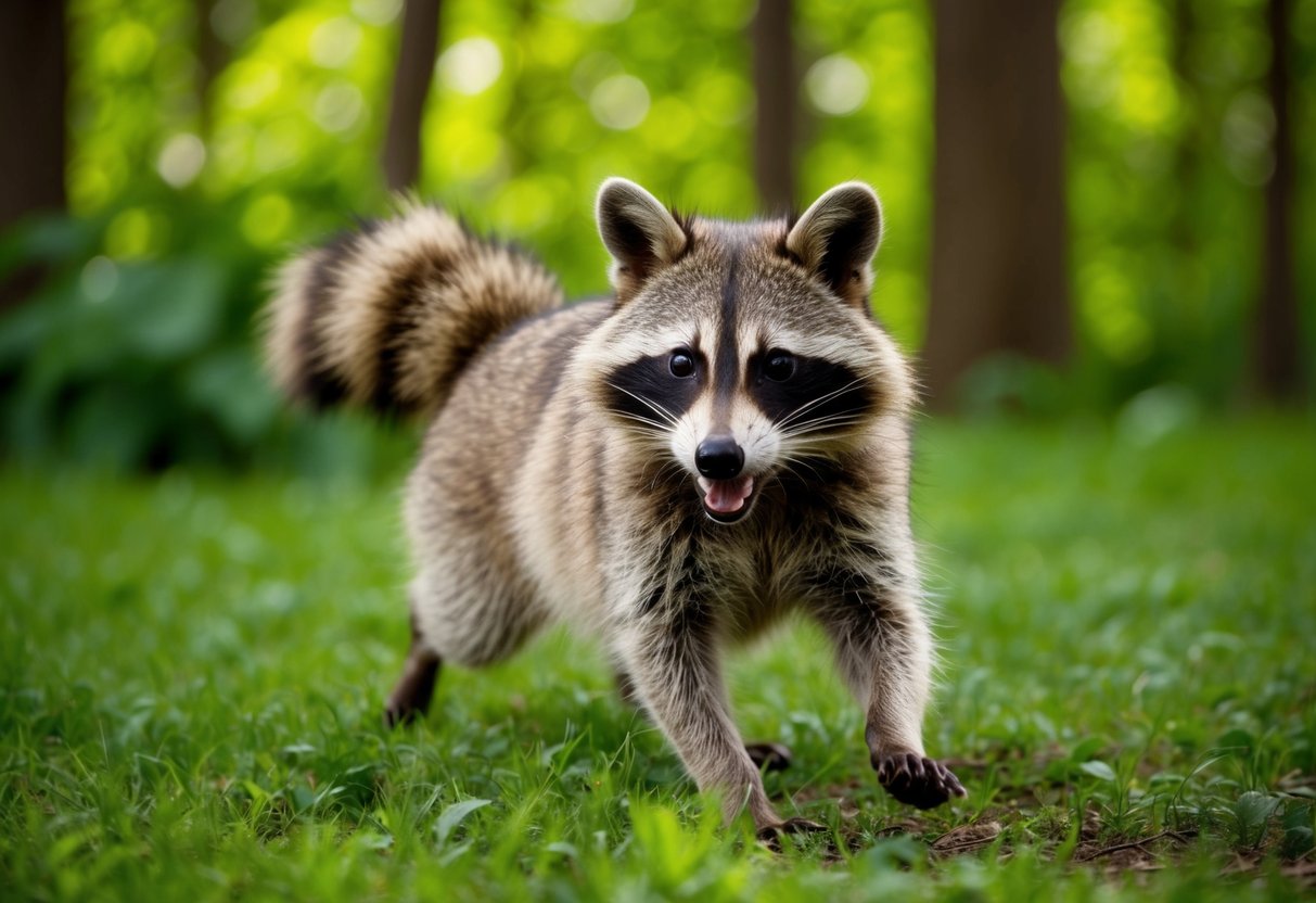 A raccoon dog frolicking in a lush forest, its distinctive markings and bushy tail on display