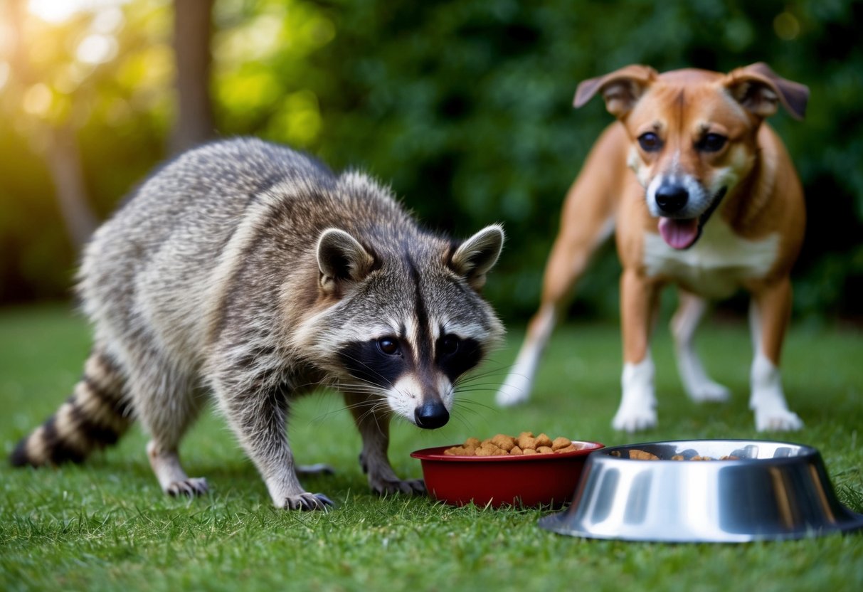 A raccoon lurks near a dog's food bowl, while the dog watches warily from a distance