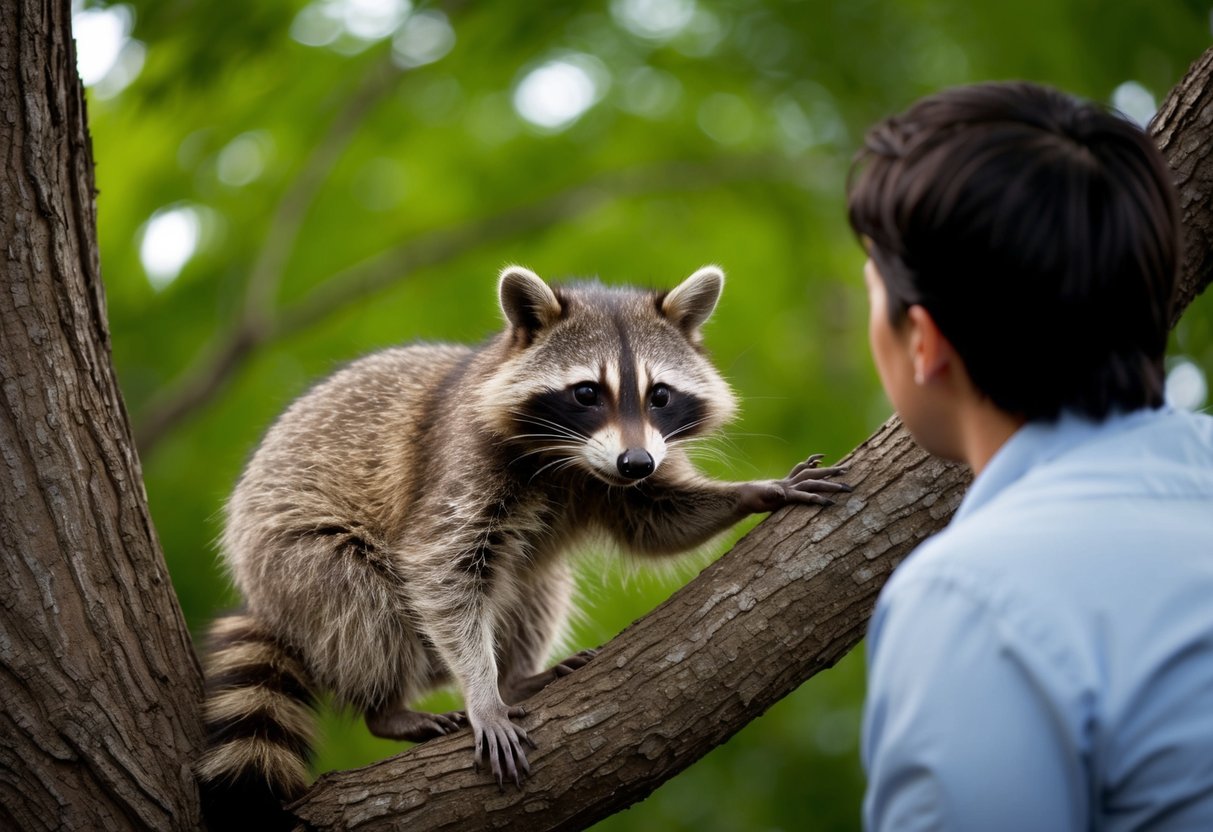A raccoon sits on a tree branch, its paws reaching out towards a person. The person recoils, shaking their head
